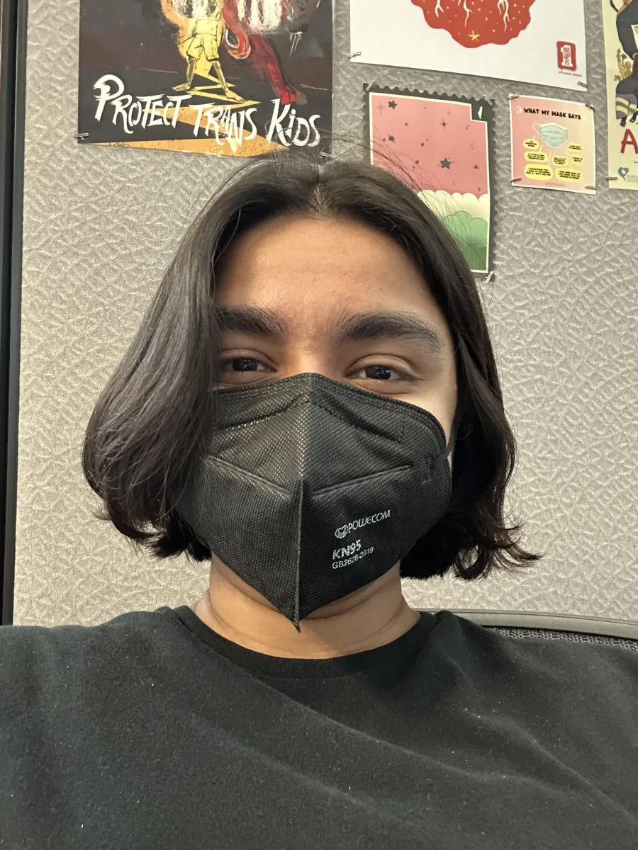 person with black hair wearing a black mask with posters behind them