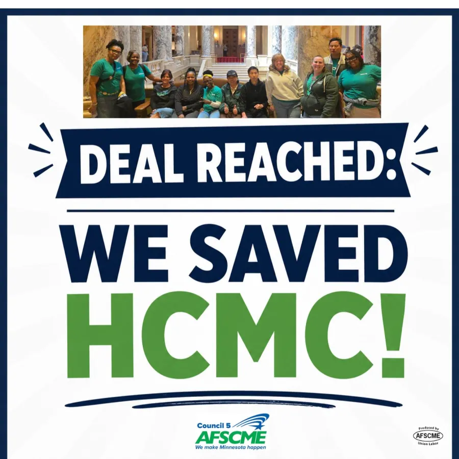 Deal Reached - We Saved HCMC! graphic with AFSCME Council 5 logo and AFSCME HCMC Workers pic